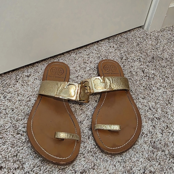 Tory Burch Marcia Metallic Leather Toe Ring Slides - Picture 4 of 7